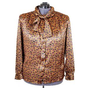 Vintage 80s Silky Bow Gothic Print Blouse